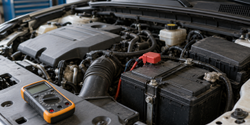 Baterie auto montată în compartimentul motor și multimetru