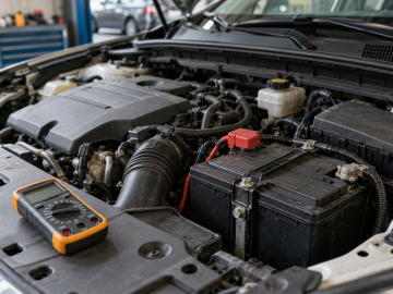 Baterie auto montată în compartimentul motor și multimetru