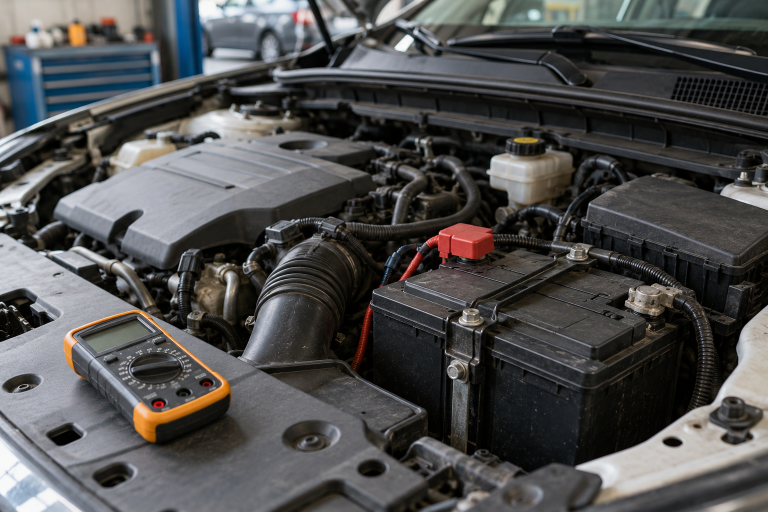 Baterie auto montată în compartimentul motor și multimetru